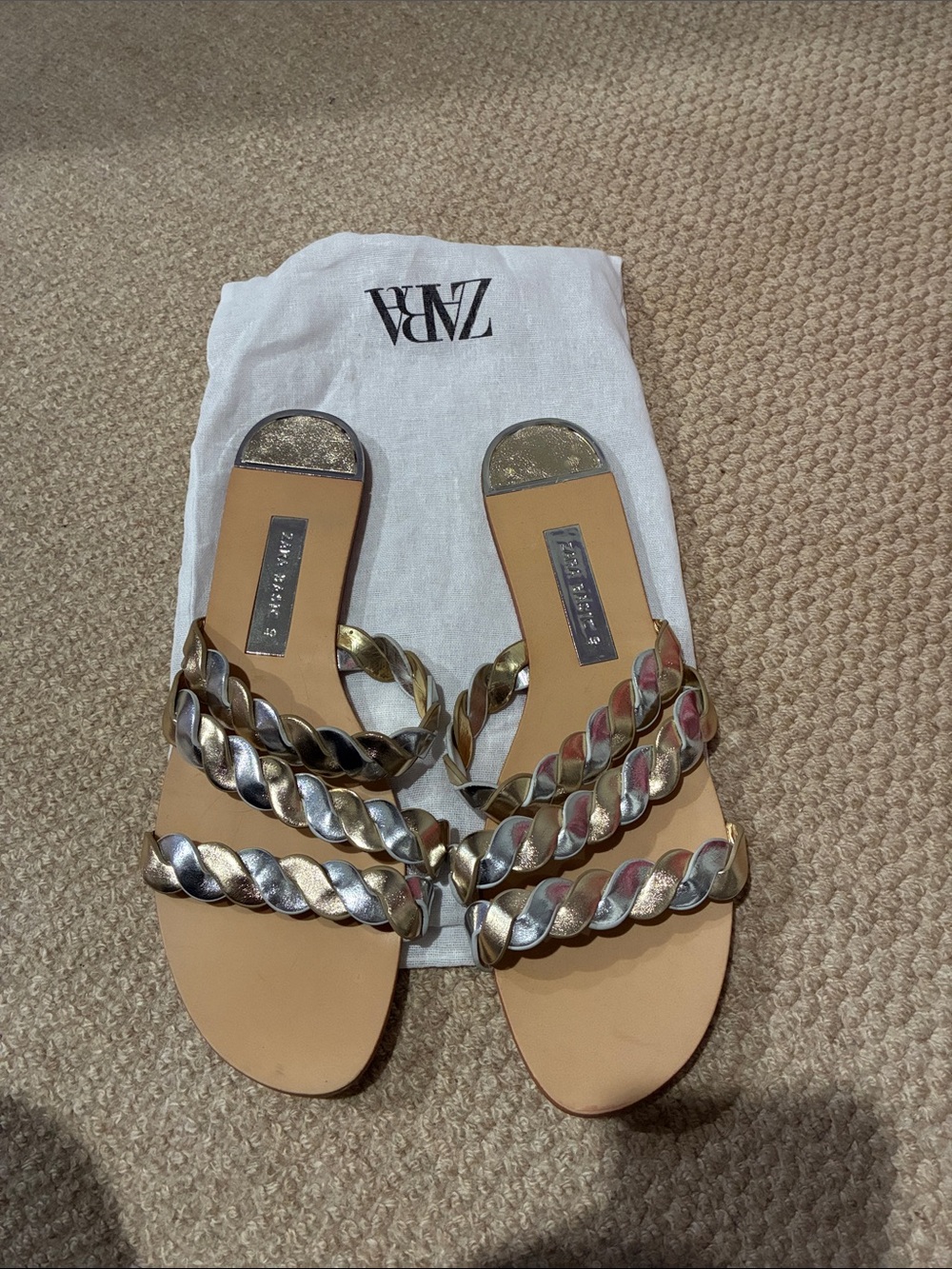 Zara Braided Metallic Multi-Strip Flat Sandals - Gold & Silver
